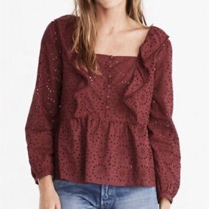 Madewell Burgundy Cabernet Peplum Eyelet Pom-Pom Ruffle Top